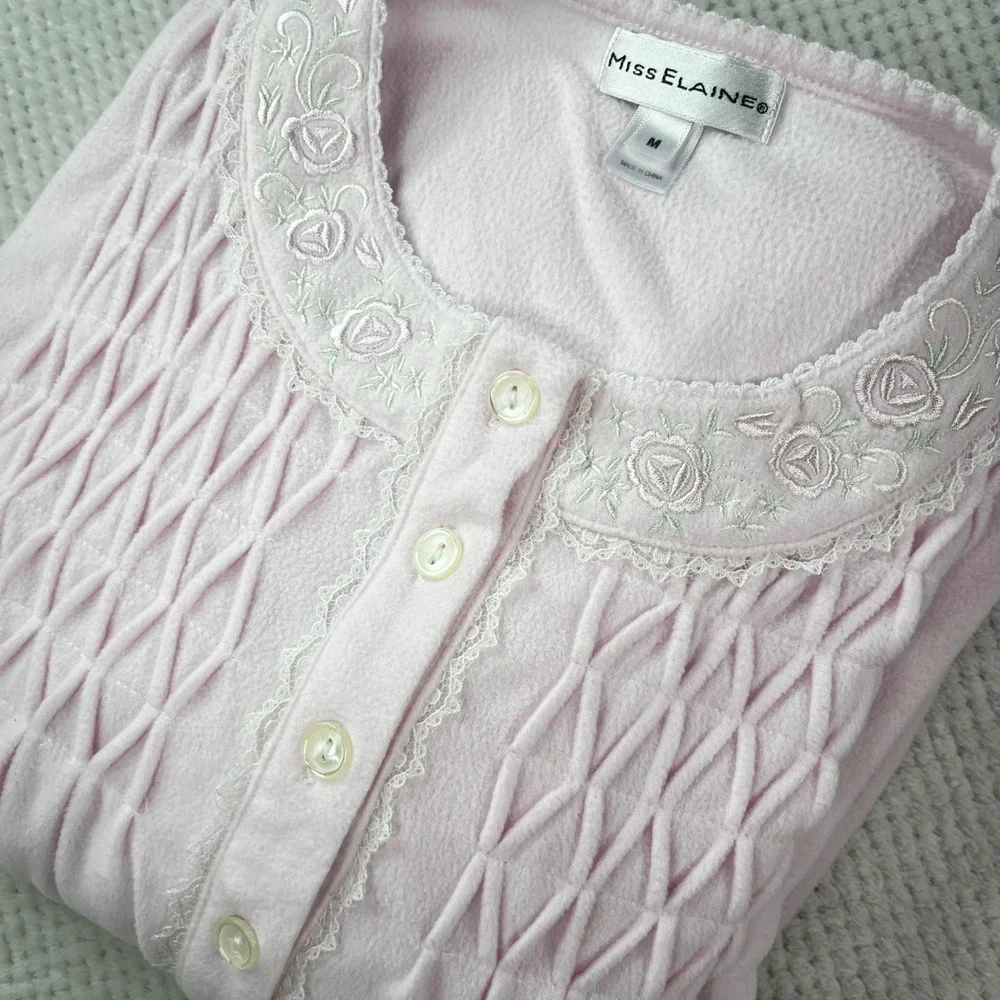 Miss Elaine Pink Fleece Nightgown Smocked Floral Embroidered Long Sleeve Medium‎